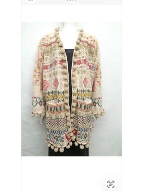 Johnny Was Cream Embroidered Pom-Pom Open Jacket